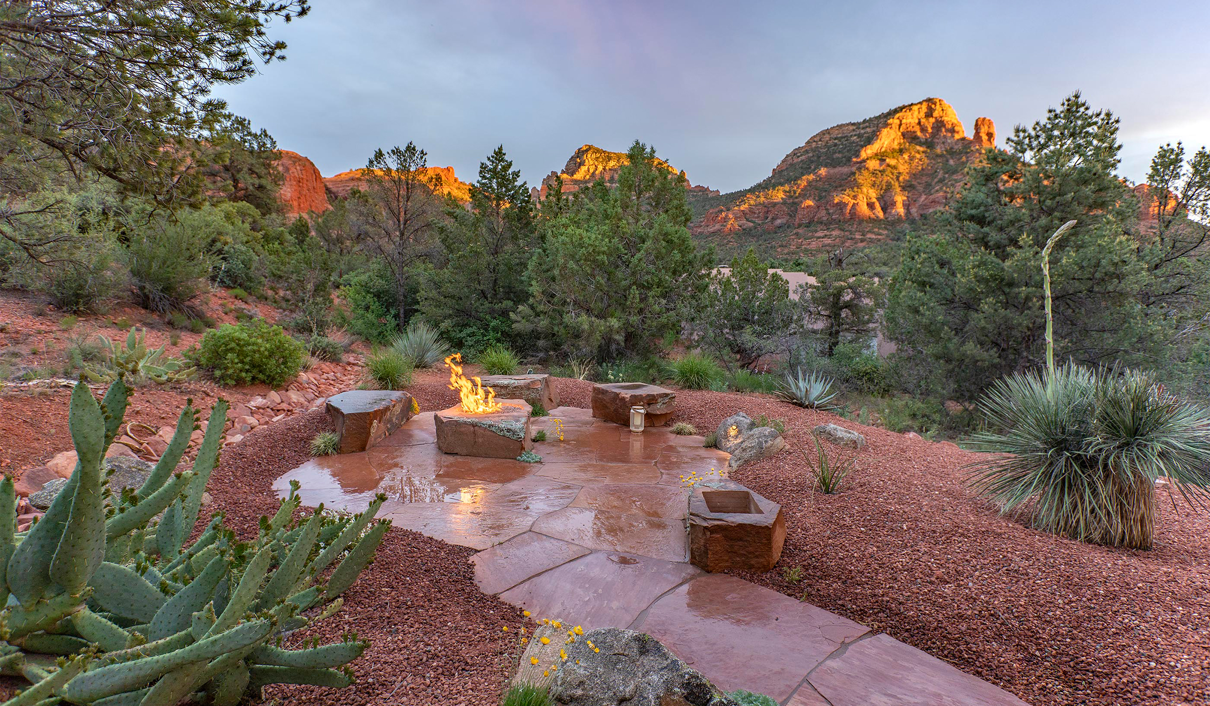 Sedona landscaping with fire-pit and flagstone patio